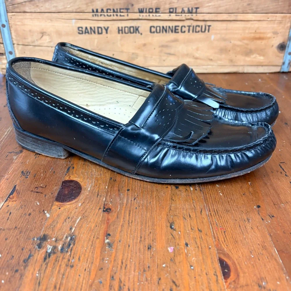 Club Room Mens Black Leather Kiltie Loafers Fringe Brogue Made in Spain Size 9‎